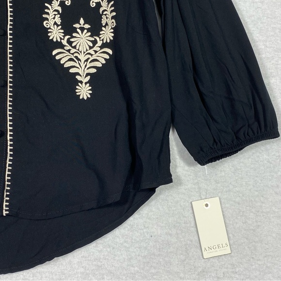Angels Forever Young Boho Floral Blouse Women M Black Embroidered 3/4 Sleeve NWT - Picture 8 of 15